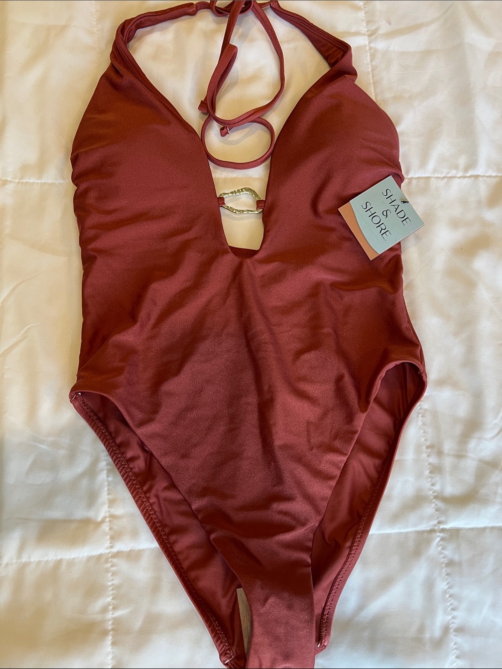 Shade & Shore One-Piece Swimsuit — Brick red with Gold Accent